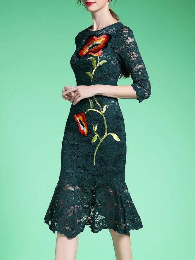 3/4 Sleeve Embroidered Lace Mermaid Dress